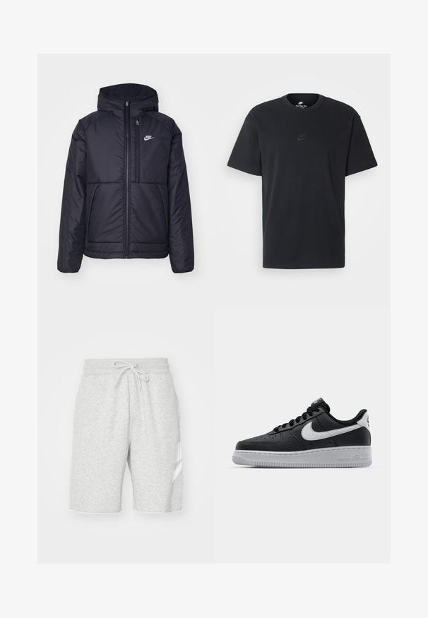 Čierna, polstrovaná bunda Nike so zipsom vpredu a kapucňou. Na ľavej strane hrude sa nachádza biele logo a sú tu dva predné vrecká. Hladký vonkajší povrch.; Čierne bavlnené tričko Nike s klasickým okrúhlym výstrihom, krátkymi rukávmi a jemne embosovaným logom na hrudi. Hladká textúra.; Pánske šedé teplákové šortky vyrobené z mäkkého bavlneného materiálu, s elastickým pásom na šnúrku, bočnými vreckami a bielym logom.; Čierne kožené tenisky s textúrovaným povrchom, biely Nike swoosh, šedá podrážka, okrúle špičky a šnurovací dizajn. Obsahuje perforácie na špičke.
