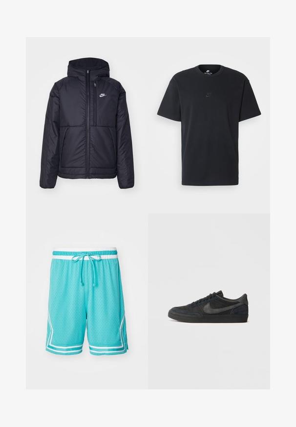 Fekete, párnázott Nike dzseki elülső cipzárral és kapucnival. A bal mellen fehér logó található, valamint két elülső zseb. Simának tűnő külső felület.; Fekete pamut póló Nike márkájú, klasszikus, kerek nyakú, rövid ujjú, és letisztult, dombornyomott logóval a mellkason. Simább textúra.; Türkiz sportnadrág hálós textúrával, fehér zsinórral és fehér oldalsó díszítéssel. Légáteresztő kialakítással rendelkezik, perforációkkal.; Fekete velúr sportcipők alacsony profillal, gumi talppal, strukturált oldalsó panelek és azonos színű Nike logóval. Fűzős elülső rész, párnázott nyak.