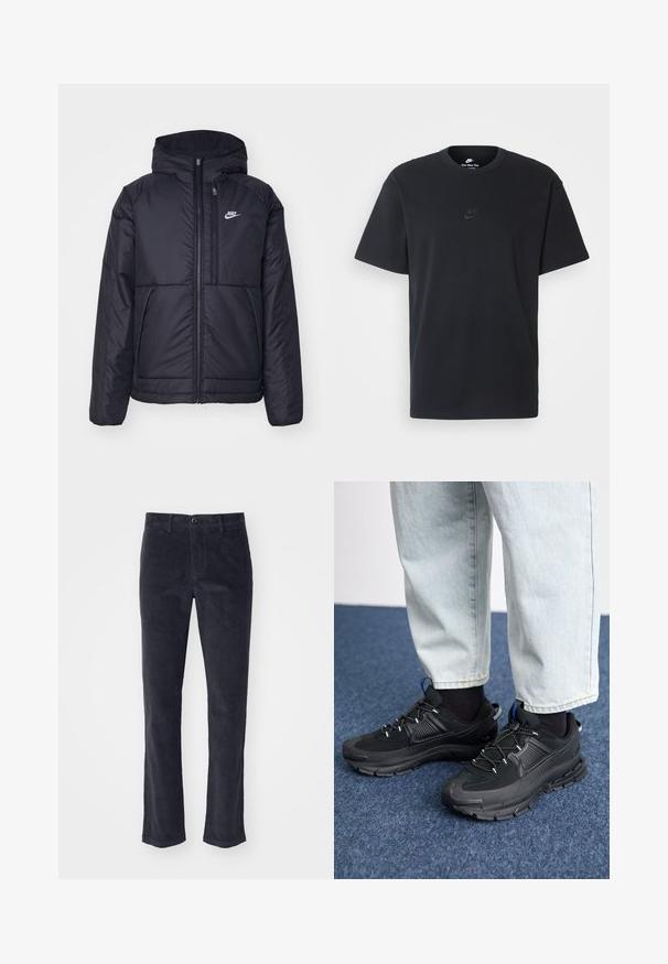Črna, podložena Nike jakna z sprednjim zadrgo in kapuco. Ima bel logo na levem prsnem delu in dvojna sprednja žepa. Gladka zunanja tekstura.; Nike črna bombažna majica z klasičnim okroglim izrezom, kratkimi rokavi in subtilnim, vtisnjenim logotipom na prsih. Gladka tekstura.; Temno sivi kord čevlji z ravnim krojem, ki imajo sprednje zapiranje na gumb in stranske žepke. Mehka tekstura z navpičnimi rebri.; Črne športne čevlje z teksturirano tkanino in gumijastimi podplati, ki imajo elastične vezalke ter modre poudarke na peti. Nosi se z lahkimi denim hlačami.