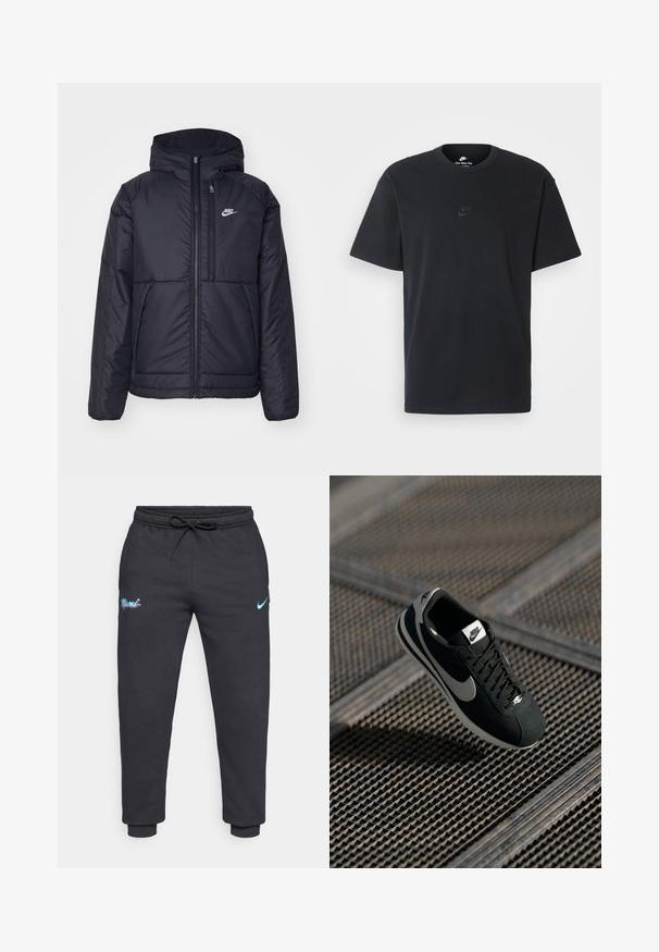 Casaco Nike preto, acolchoado, com fecho à frente e capuz. Apresenta um logo branco no lado esquerdo do peito e dois bolsos frontais. Textura exterior lisa.; T-shirt de algodão preto da Nike com um clássico decote redondo, mangas curtas e um logótipo em relevo discreto no peito. Textura suave.; Calças de moletom pretas feitas de tecido suave, com cordão na cintura, punhos elásticos e logótipo "Miami" em púrpura e azul; logótipo da Nike em azul claro.; Sapatilha Nike preta com accents cinzentos, materiais em camurça e rede, sola texturizada, formato estreito e design clássico de atacadores.