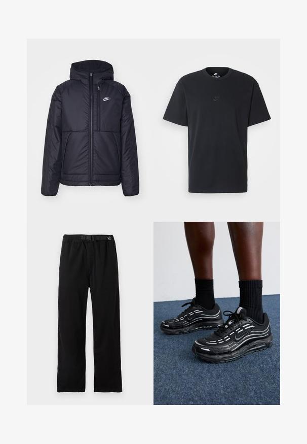 Czarna, pikowana kurtka Nike z przednim zamkiem błyskawicznym i kapturem. Posiada białe logo po lewej stronie klatki piersiowej oraz podwójne kieszenie z przodu. Gładka struktura zewnętrzna.; Czarny bawełniany t-shirt Nike z klasycznym okrągłym dekoltem, krótkimi rękawami oraz subtelnym, wytłoczonym logo na piersi. Gładka tekstura.; Czarne, lekkie spodnie z elastycznym pasem i regulowanym paskiem, z prostymi nogawkami i gładką fakturą.; Czarne buty Nike mają siateczkową cholewkę z akcentującymi paskami, teksturowane sznurowanie i czarną gumową podeszwę. Noszone z czarnymi skarpetkami w prążki.