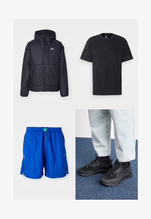Schwarze, gepolsterte Nike-Jacke mit Frontreißverschluss und Kapuze. Hat ein weißes Logo auf der linken Brust und zwei Fronttaschen. Glattes äußeres Material.; Schwarzes Baumwoll-T-Shirt von Nike mit klassischem Rundhalsausschnitt, kurzen Ärmeln und einem dezenten, geprägten Logo auf der Brust. Glatte Textur.; Blaue sportliche Badehosen mit elastischem Taillenbund und verstellbarem Kordelzug. Mit Reißverschluss-Taschen und einem logoplatzt auf der Vorderseite.; Schwarze Sportschuhe aus strukturiertem Stoff mit Gummisohlen, ausgestattet mit elastischen Schnürsenkeln und einem blauen Akzent an der Ferse. Getragen mit hellen Jeans.