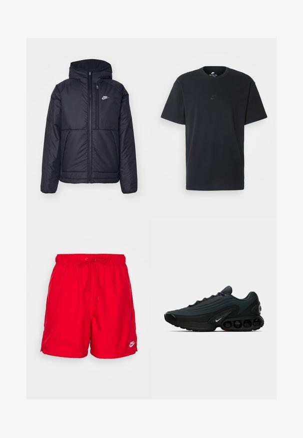 Must musta Nike jope, millel on ees lukuga avamine ja kapuuts. Vasakpoolne rind on kaunistatud valge logoga ning ees on kaks taskut. Sile välimine tekstuur.; Nike musta mustast puuvillast T-särk klassikalise ümmarguse kaelusega, lühikeste varrukatega ja õrna, reljeefse logoga rinnal. Sile tekstuur.; Punased ujumispüksid elastse vöökoha, nööri sulgemise ja külgmiste pitspaneelidega. Alumisel vasakul küljel on valge Nike logo.; Must mustusjalats, millel on tekstuuriga kangast upper, kõverdisain, silmapaistev vahekiht ja nähtavad pehmenduselemendid. Omab valget logo detaili.