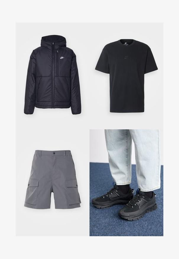 Črna, podložena Nike jakna z sprednjim zadrgo in kapuco. Ima bel logo na levem prsnem delu in dvojna sprednja žepa. Gladka zunanja tekstura.; Nike črna bombažna majica z klasičnim okroglim izrezom, kratkimi rokavi in subtilnim, vtisnjenim logotipom na prsih. Gladka tekstura.; Carhartt WIP BALTO - Kratke hlače - graphite; Črne športne čevlje z teksturirano tkanino in gumijastimi podplati, ki imajo elastične vezalke ter modre poudarke na peti. Nosi se z lahkimi denim hlačami.