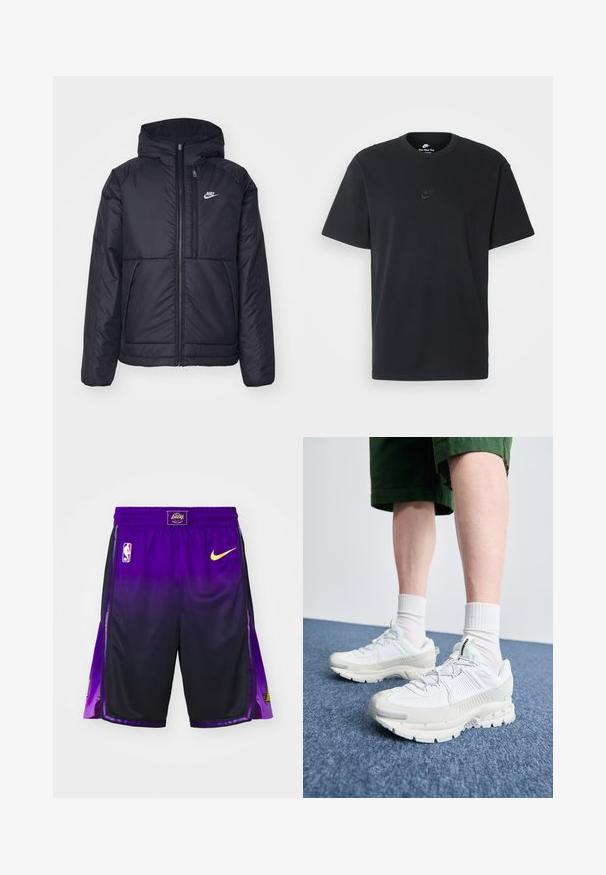 Fekete, párnázott Nike dzseki elülső cipzárral és kapucnival. A bal mellen fehér logó található, valamint két elülső zseb. Simának tűnő külső felület.; Fekete pamut póló Nike márkájú, klasszikus, kerek nyakú, rövid ujjú, és letisztult, dombornyomott logóval a mellkason. Simább textúra.; Lila kosárlabdás nadrág sötétfekete gradienssel, gumis derékkal, fekete oldalsó panelek, sárga Nike logóval és Lakers emblémával a szegély közelében.; Fehér sportcipők texturált burkolattal, vastag talppal és szürke részletekkel. Fehér sportzoknival és zöld rövidnadrággal viselve, kék felületen.
