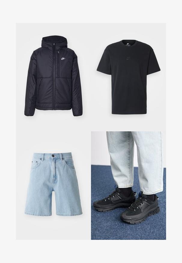 Svart, polstret Nike-jakke med frontglidelås og hette. Har en hvit logo på venstre bryst og doble frontlommer. Glatt ytterside.; Nike svart bomull T-skjorte med klassisk rund hals, korte ermer, og en subtil, preget logo på brystet. Glatt tekstur.; Lys blå denimshorts med avslappet passform, fem-lomme design og knapplukking i livet; rå kant nederst på bena.; Svarte sportssko med teksturert stoff og gummisåler, med elastiske lisser og en blå detalj på hælen. Brukt med lyse denimbukser.
