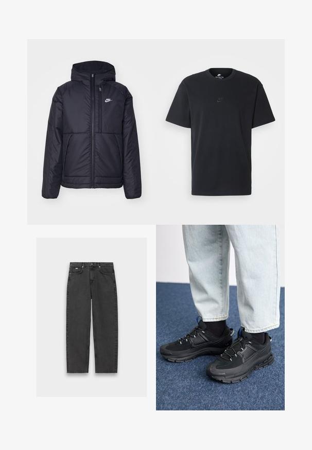 Zwarte, gewatteerde Nike-jas met een voorkant met ritssluiting en capuchon. Kenmerkt zich door een wit logo op de linkerborst en dubbele frontzakken. Gladde buitenkant.; Zwarte katoenen t-shirt van Nike met een klassieke ronde hals, korte mouwen en een subtiele, reliëflogo op de borst. Gladde textuur.; Zwarte rechte jeans met vijf zakken, knoopsluiting en zichtbare stiksels, plat gelegd op een neutrale achtergrond.; Zwarte sportschoenen met gestructureerde stof en rubberen zolen, met elastische veters en een blauwe accent op de hiel. Draag samen met lichte spijkerbroeken.
