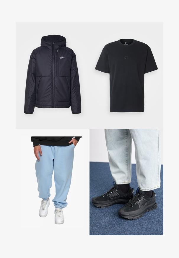 Black, padded Nike jacket with a front zipper and hood. Features a white logo on the left chest and dual front pockets. Smooth exterior texture.; Nike black cotton t-shirt with a classic crew neck, short sleeves, and a subtle, embossed logo on the chest. Smooth texture.; Dropsize HEAVY LOOSE FIT JOGGER - Tracksuit bottoms - baby blue; Black athletic shoes with textured fabric and rubber soles, featuring elastic laces and a blue accent on the heel. Worn with light denim pants.