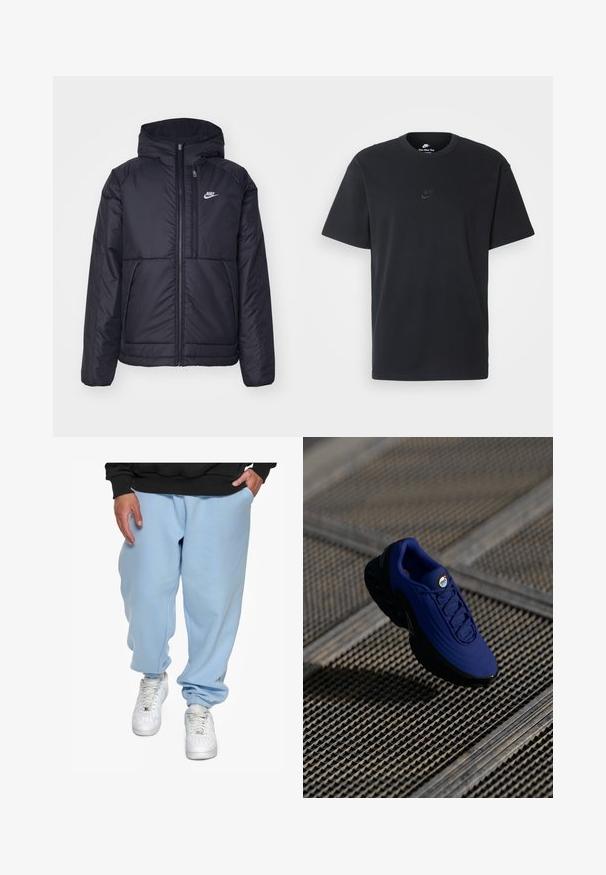 Černá zateplená bunda Nike s předním zipem a kapucí. Na levé straně hrudi má bílé logo a dvojité přední kapsy. Hladký povrch.; Černé bavlněné tričko Nike s klasickým kulatým výstřihem, krátkými rukávy a decentně vyraženým logem na hrudi. Hladký povrch.; Dropsize HEAVY LOOSE FIT JOGGER - Teplákové kalhoty - baby blue; Modrá sportovní bota s texturovaným svrškem, černou podrážkou a tkaničkami. Obsahuje branding "air" na jazyku a viditelné prvky vzduchového odpružení.