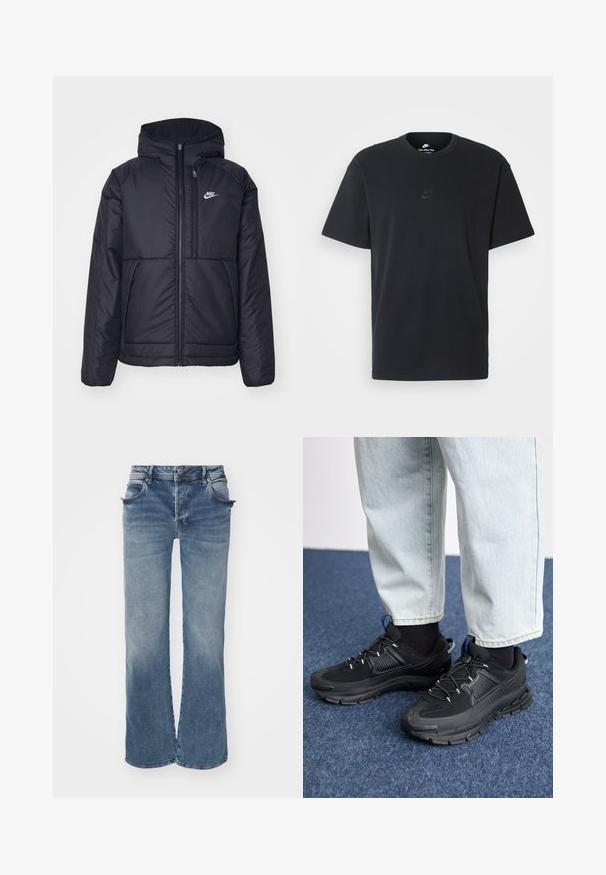 Casaco Nike preto, acolchoado, com fecho à frente e capuz. Apresenta um logo branco no lado esquerdo do peito e dois bolsos frontais. Textura exterior lisa.; T-shirt de algodão preto da Nike com um clássico decote redondo, mangas curtas e um logótipo em relevo discreto no peito. Textura suave.; Calças de ganga largas em azul desbotado, feitas em tecido de ganga, com fecho de botão e zíper, cinco bolsos e uma bainha ligeiramente desfiada.; Sapatilhas desportivas pretas com tecido texturizado e solas em borracha, apresentando atacadores elásticos e um detalhe azul no calcanhar. Usadas com calças de ganga claras.