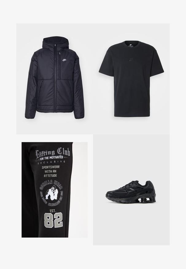 Juodas, paminkštintas Nike džemperis su priekyje užtrauktuku ir gobtuvu. Pasižymi balta logo kairėje krūtinės pusėje ir dviem priekinėmis kišenėmis. Su lygiu išoriniu paviršiumi.; Juodas medvilninis Nike marškinėliai su klasikinėmis apykaklėmis, trumpomis rankovėmis ir subtiliu, įspaustu logotipu ant krūtinės. Sklandus tekstūra.; Juoda sportinė apranga su baltais raštais, įskaitant tekstą ir gorilos logotipą, su pilkomis detalėmis ir akcentuotu metų "82".; Juodas sportinis batelis su tinklinio viršumi, paminkštintu apykakliu ir ryškia pėdos kulno amortizavimo technologija. Turi tekstūruotus akcentus ir raištelius.