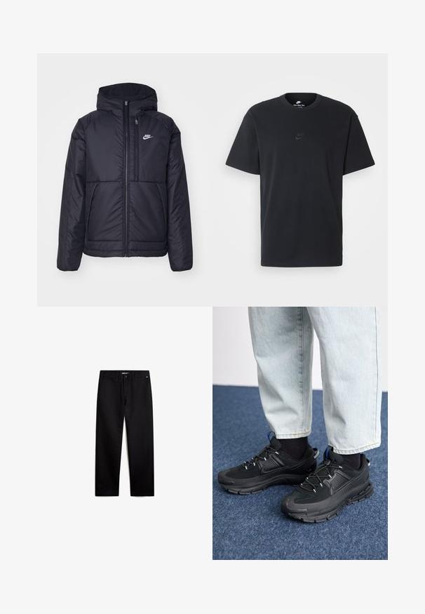 Musta, pehmustettu Nike-takki, jossa on etuvetoketju ja huppu. Vasemmassa rinnassa on valkoinen logo ja takissa on kaksinkertaiset etutaskut. Pintakoe on sileä.; Nike musta musta T-paita, jossa on klassinen pyöreä kaula-aukko, lyhyet etkä hihat sekä hillitty, kohopainettu logo rinnassa. Silkkinen rakenne.; Mustat puuvillahousut, joissa on suora malli, vetskari ja etutaskut. Tasainen pinta, ilman näkyviä kuvioita ja minimaalista metallipintaa.; Mustat urheilukengät, joissa on teksturoitu kangas ja kumipohjat, elastiset nauhat ja sininen yksityiskohta kannassa. Yhdistetty vaaleisiin farkkuihin.