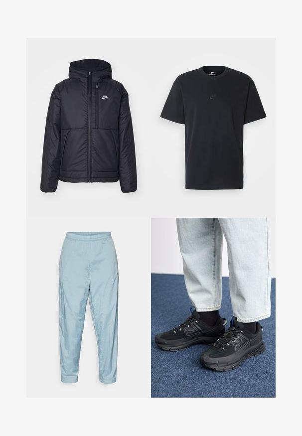 Chaqueta acolchada negra de Nike con cremallera frontal y capucha. Presenta un logo blanco en el lado izquierdo del pecho y dos bolsillos frontales. Textura exterior suave.; Camiseta negra de algodón de Nike con un clásico cuello redondo, mangas cortas y un sutil logo en relieve en el pecho. Textura suave.; Pantalones de tela arrugada, ligera y de color azul claro, con cintura elástica y patas ajustadas, que cuentan con bolsillos laterales y un diseño casual.; Zapatillas deportivas negras con tejido texturizado y suelas de goma, con cordones elásticos y un acento azul en el talón. Combinadas con pantalones de mezclilla claros.