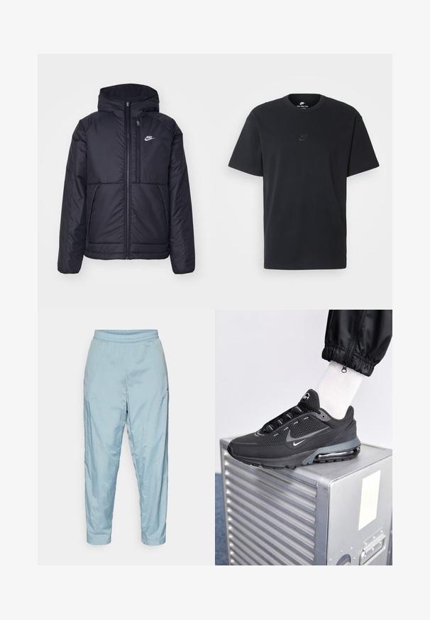 Zwarte, gewatteerde Nike-jas met een voorkant met ritssluiting en capuchon. Kenmerkt zich door een wit logo op de linkerborst en dubbele frontzakken. Gladde buitenkant.; Zwarte katoenen t-shirt van Nike met een klassieke ronde hals, korte mouwen en een subtiele, reliëflogo op de borst. Gladde textuur.; Lichtblauwe, lichte, gekreukte stoffen broek met een elastische tailleband en taps toelopende pijpen, voorzien van zijzakken en een casual ontwerp.; Nike Sportswear PULSE - Sneakers laag - black/anthracite