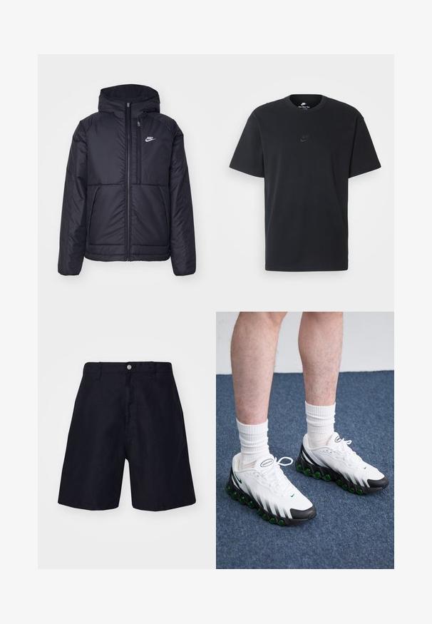 Črna, podložena Nike jakna z sprednjim zadrgo in kapuco. Ima bel logo na levem prsnem delu in dvojna sprednja žepa. Gladka zunanja tekstura.; Nike črna bombažna majica z klasičnim okroglim izrezom, kratkimi rokavi in subtilnim, vtisnjenim logotipom na prsih. Gladka tekstura.; Mornarji modri šorti iz lahkega materiala, z gumbom za zapiranje, zankami za pas in ravno krojem. Minimalističen stil brez vzorcev.; Bele športne čevlje z črnimi poudarki in zelenim oblazinjenjem. Imajo strukturirano zgornji del, zavezovanje na vezalke in vidno blagovno znamko.