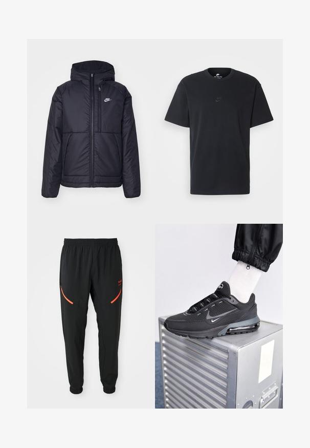 Zwarte, gewatteerde Nike-jas met een voorkant met ritssluiting en capuchon. Kenmerkt zich door een wit logo op de linkerborst en dubbele frontzakken. Gladde buitenkant.; Zwarte katoenen t-shirt van Nike met een klassieke ronde hals, korte mouwen en een subtiele, reliëflogo op de borst. Gladde textuur.; Zwarte sportbroek met elastische tailleband en boorden, voorzien van schuine rode ritszakken en kleine rode merktekst op de rechterdij.; Nike Sportswear PULSE - Sneakers laag - black/anthracite