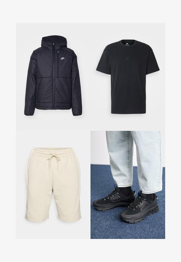 Fekete, párnázott Nike dzseki elülső cipzárral és kapucnival. A bal mellen fehér logó található, valamint két elülső zseb. Simának tűnő külső felület.; Fekete pamut póló Nike márkájú, klasszikus, kerek nyakú, rövid ujjú, és letisztult, dombornyomott logóval a mellkason. Simább textúra.; Beige szövött rövidnadrág, rugalmas derékkal és zsinórral. Oldalsó zsebekkel és fehér logóval a bal alsó szegélyen. Puha anyagból készült.; Fekete sportcipők texturált anyaggal és gumitalppal, elasztikus fűzőkkel és kék kiegészítővel a saroknál. Világos farmernadrággal viselve.