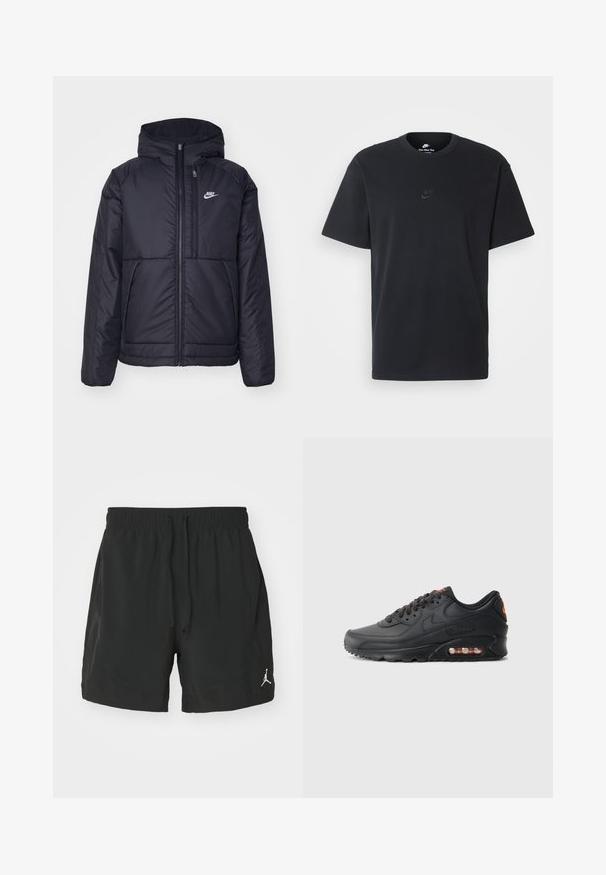Svart, vadderad Nike-jacka med dragkedja framtill och huva. Har en vit logotyp på vänster bröst och dubbla framfickor. Slät yttextur.; Svart t-shirt i bomull från Nike med klassisk rund halsringning, korta ärmar och en diskret, präglad logotyp på bröstet. Slät textur.; Svarta sportshorts i lättviktsmaterial. Har resårmidja med dragsko och en liten vit logotyp på nedre vänstra sidan.; Nike Air Max 90-sneakers med en svart syntetisk ovandel, texturerad yta, snörning fram, synlig luftenhet och orange accentlogotyp.