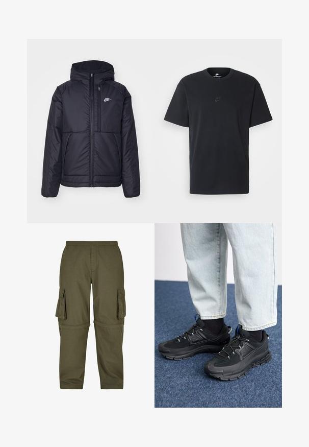 Čierna, polstrovaná bunda Nike so zipsom vpredu a kapucňou. Na ľavej strane hrude sa nachádza biele logo a sú tu dva predné vrecká. Hladký vonkajší povrch.; Čierne bavlnené tričko Nike s klasickým okrúhlym výstrihom, krátkymi rukávmi a jemne embosovaným logom na hrudi. Hladká textúra.; Olivové cargo nohavice vyrobené z ľahkého materiálu, s viacerými bočnými vreckami, elastickým pásom a rovný strih.; Čierne športové topánky s textúrovanou tkaninou a gumovou podrážkou, so elastickými šnúrkami a modrým akcentom na päte. Nosia sa s svetlými riflami.