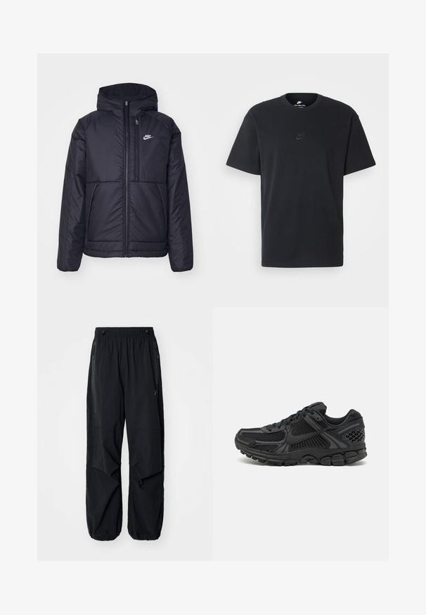 Melna, pufota Nike jaka ar priekšējo rāvējslēdzēju un kapuci. Iezīmēta ar baltu logotipu uz kreisās krūtis un divām priekšējām kabatām. Gluda ārējā tekstūra.; Nike melns kokvilnas T-krekls ar klasisku piegriezumu, īsām piedurknēm un smalku, reljefu logotipu uz krūškurvja. Gluda tekstūra.; Melnas vieglas kravas bikses ar elastīgu jostu, sānu rāvējslēdzējiem un plašām kabatām. Izaicinājumu veido brīvi pieguļoša piegriezne un sašaurināti aproces.; Melna sporta apavi ar tīkla augšdaļu, gumijas zoli un teksturētām detaļām. Dizainā ir izteikta šņorēšanas sistēma un mīkstināta zole.