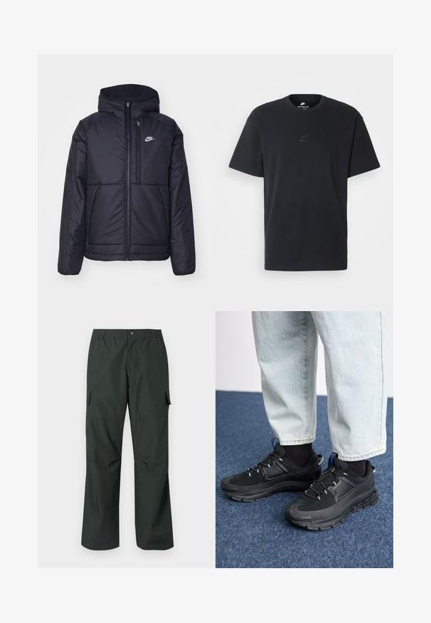 Black, padded Nike jacket with a front zipper and hood. Features a white logo on the left chest and dual front pockets. Smooth exterior texture.; Nike black cotton t-shirt with a classic crew neck, short sleeves, and a subtle, embossed logo on the chest. Smooth texture.; Dark green cargo pants with a relaxed fit, elastic waistband, stitched pockets, and a smooth, lightweight fabric texture.; Black athletic shoes with textured fabric and rubber soles, featuring elastic laces and a blue accent on the heel. Worn with light denim pants.