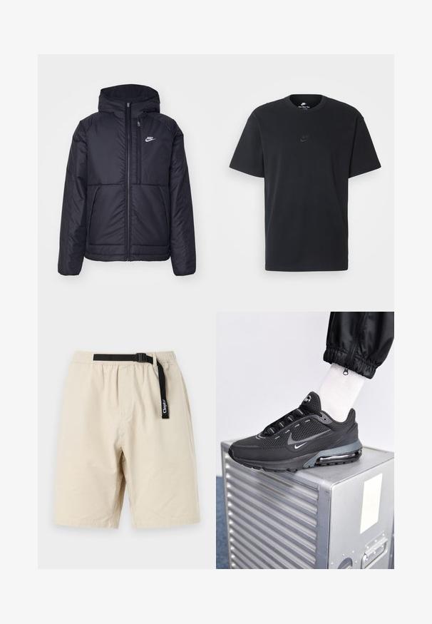 Schwarze, gepolsterte Nike-Jacke mit Frontreißverschluss und Kapuze. Hat ein weißes Logo auf der linken Brust und zwei Fronttaschen. Glattes äußeres Material.; Schwarzes Baumwoll-T-Shirt von Nike mit klassischem Rundhalsausschnitt, kurzen Ärmeln und einem dezenten, geprägten Logo auf der Brust. Glatte Textur.; Beige Shorts mit elastischem Bund und verstellbarem schwarzen Gürtel. Hergestellt aus leichtem Material, mit einem einfachen Design und geradem Schnitt.; Nike Sportswear PULSE - Sneaker low - black/anthracite