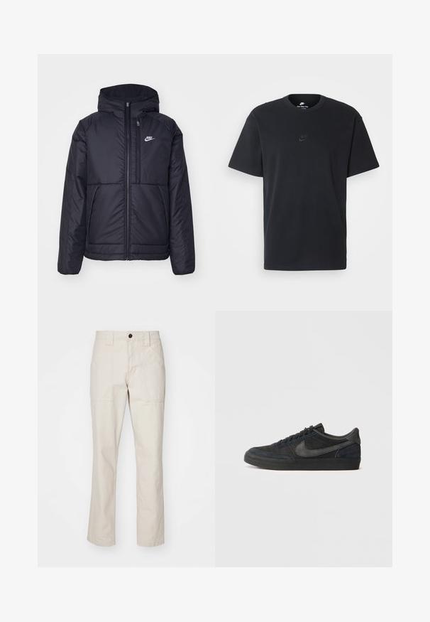 Fekete, párnázott Nike dzseki elülső cipzárral és kapucnival. A bal mellen fehér logó található, valamint két elülső zseb. Simának tűnő külső felület.; Fekete pamut póló Nike márkájú, klasszikus, kerek nyakú, rövid ujjú, és letisztult, dombornyomott logóval a mellkason. Simább textúra.; Beige pamut nadrág egyenes lábakkal, két elülső zsebbel, egy gombos záródással és látható varrásokkal.; Fekete velúr sportcipők alacsony profillal, gumi talppal, strukturált oldalsó panelek és azonos színű Nike logóval. Fűzős elülső rész, párnázott nyak.