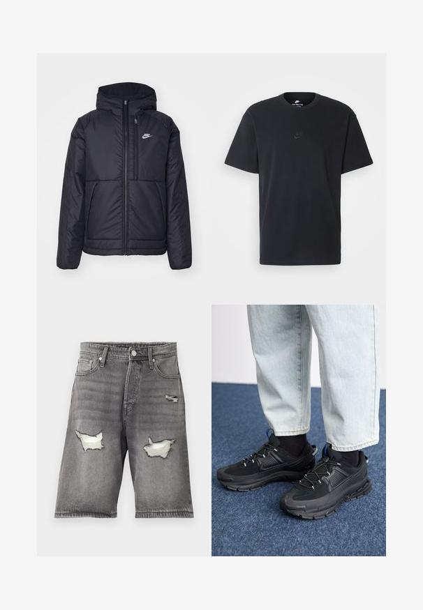 Črna, podložena Nike jakna z sprednjim zadrgo in kapuco. Ima bel logo na levem prsnem delu in dvojna sprednja žepa. Gladka zunanja tekstura.; Nike črna bombažna majica z klasičnim okroglim izrezom, kratkimi rokavi in subtilnim, vtisnjenim logotipom na prsih. Gladka tekstura.; Sive usnjene kratke hlače z zbledelim videzom, ki vsebujejo dve poškodovani obliži in pet-džepni dizajn. Kovinski gumb in zadrga za zapiranje.; Črne športne čevlje z teksturirano tkanino in gumijastimi podplati, ki imajo elastične vezalke ter modre poudarke na peti. Nosi se z lahkimi denim hlačami.