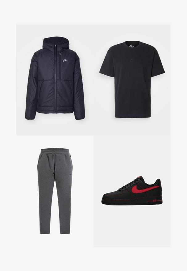 Musta, pehmustettu Nike-takki, jossa on etuvetoketju ja huppu. Vasemmassa rinnassa on valkoinen logo ja takissa on kaksinkertaiset etutaskut. Pintakoe on sileä.; Nike musta musta T-paita, jossa on klassinen pyöreä kaula-aukko, lyhyet etkä hihat sekä hillitty, kohopainettu logo rinnassa. Silkkinen rakenne.; Harmaa puuvillanen verkkarihousut, joissa on joustava vyötärönauha, nyöri, sivutaskut ja pieni logo vasemmassa reidessä. Kapea lahjemuotoilu.; Mustat nahkaiset Nike Air Force 1 -tossut punaisilla yksityiskohdilla, joissa on sileä pinta, rei'itetty varvasosa ja kontrastoiva punainen tikkaus.