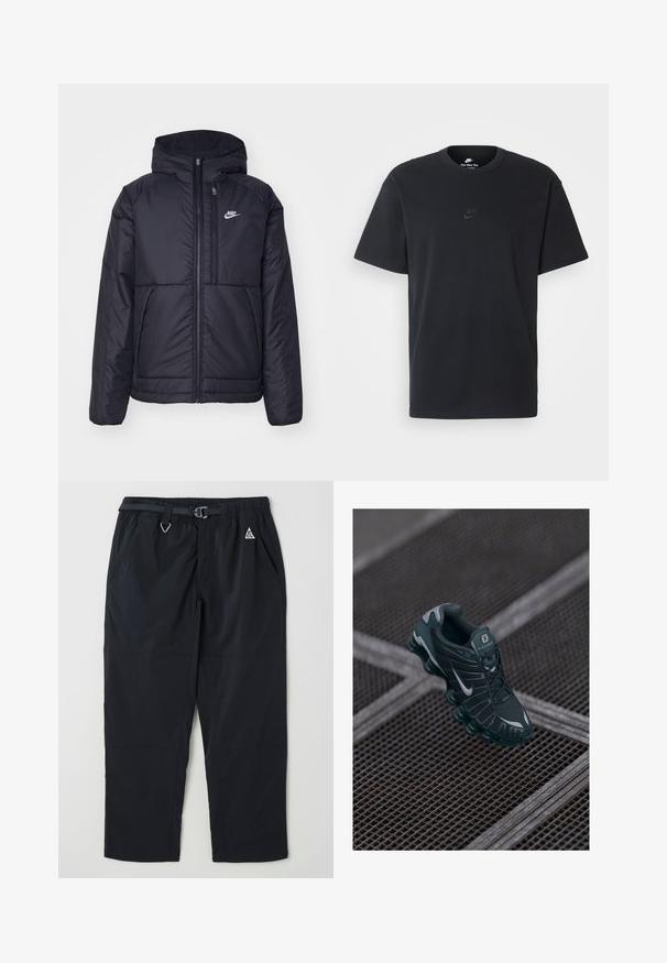Casaco Nike preto, acolchoado, com fecho à frente e capuz. Apresenta um logo branco no lado esquerdo do peito e dois bolsos frontais. Textura exterior lisa.; T-shirt de algodão preto da Nike com um clássico decote redondo, mangas curtas e um logótipo em relevo discreto no peito. Textura suave.; Calças exteriores pretas feitas de material leve, com um cós elástico com cinto, dois bolsos laterais e um discreto detalhe de logo.; Sapatilha Nike Shox verde-escura com parte superior em malha, detalhes em borracha e sola acolchoada distinta. Logótipo da Nike prateado na lateral. Detalhes texturizados visíveis.