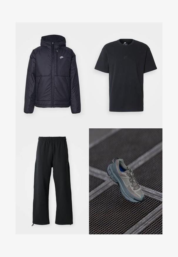 Μαύρο, επενδυμένο μπουφάν Nike με μπροστινό φερμουάρ και κουκούλα. Διαθέτει λευκό λογότυπο στο αριστερό στήθος και διπλές μπροστινές τσέπες. Λείο εξωτερικό υλικό.; Μαύρη βαμβακερή μπλούζα Nike με κλασικό στρογγυλό λαιμό, κοντά μανίκια και μια διακριτική, ανάγλυφη λογότυπο στο στήθος. Λείο ύφασμα.; Μαύρο παντελόνι με φαρδιά φινέτσα, κατασκευασμένο από μαλακό ύφασμα, διαθέτοντας ελαστική μέση και κορδόνι, με πλαινές τσέπες και λεία υφή.; Πετρόλ και γκρι αθλητικό παπούτσι με υφασμάτινη επένδυση, στρογγυλή μύτη και καουτσουκέιν σόλα, διαθέτοντας κορδόνια και μαξιλαρωμένη περιφέρεια.