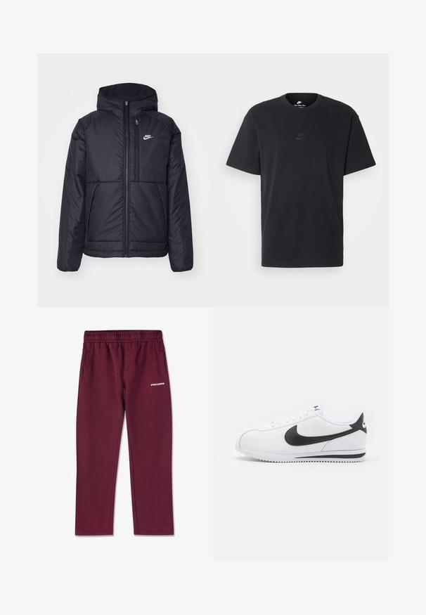 Melna, pufota Nike jaka ar priekšējo rāvējslēdzēju un kapuci. Iezīmēta ar baltu logotipu uz kreisās krūtis un divām priekšējām kabatām. Gluda ārējā tekstūra.; Nike melns kokvilnas T-krekls ar klasisku piegriezumu, īsām piedurknēm un smalku, reljefu logotipu uz krūškurvja. Gluda tekstūra.; Bordo treniņbikses, kas izgatavotas no mīksta auduma, ar elastīgu jostu, divām sānu kabatām un baltu PEGAEXPOR logo priekšpusē.; Baltas ādas tenisa apavi ar melno Nike swoosh, plakaniem šņorēm un teksturētu gumijas zoli. Apaļo pirkstu forma un mīksts apkaklīte komfortam.