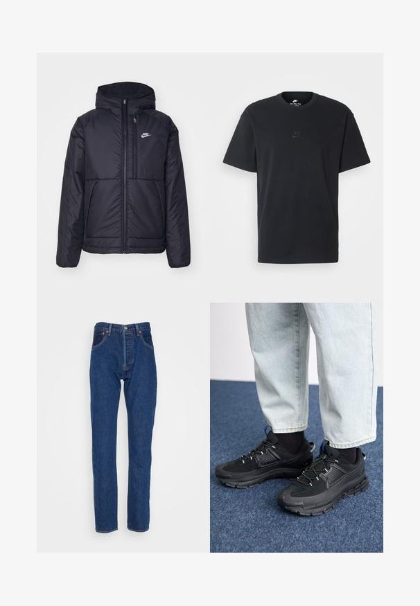 Musta, pehmustettu Nike-takki, jossa on etuvetoketju ja huppu. Vasemmassa rinnassa on valkoinen logo ja takissa on kaksinkertaiset etutaskut. Pintakoe on sileä.; Nike musta musta T-paita, jossa on klassinen pyöreä kaula-aukko, lyhyet etkä hihat sekä hillitty, kohopainettu logo rinnassa. Silkkinen rakenne.; Levi's® 501® '93 STRAIGHT - Straight leg -farkut - the fillmore; Mustat urheilukengät, joissa on teksturoitu kangas ja kumipohjat, elastiset nauhat ja sininen yksityiskohta kannassa. Yhdistetty vaaleisiin farkkuihin.