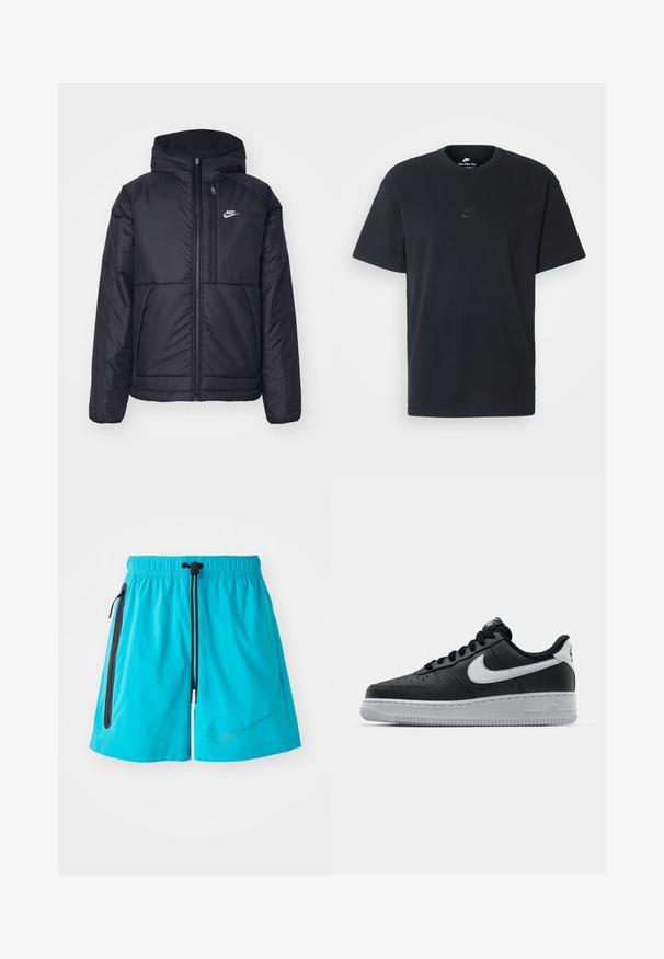 Melna, pufota Nike jaka ar priekšējo rāvējslēdzēju un kapuci. Iezīmēta ar baltu logotipu uz kreisās krūtis un divām priekšējām kabatām. Gluda ārējā tekstūra.; Nike melns kokvilnas T-krekls ar klasisku piegriezumu, īsām piedurknēm un smalku, reljefu logotipu uz krūškurvja. Gluda tekstūra.; Tirkīza krāsas sporta šorti ar elastīgu jostu, auklu, sānu rāvējslēdzēju kabatām un perforētu Nike logo priekšpusē.; Melna ādas sporta apavi ar teksturētu virsmu, balta Nike swoosh zīme, pelēks zole, apaļa pirksta daļa un saistējs dizains. Iekļautas perforācijas uz pirksta kastes.