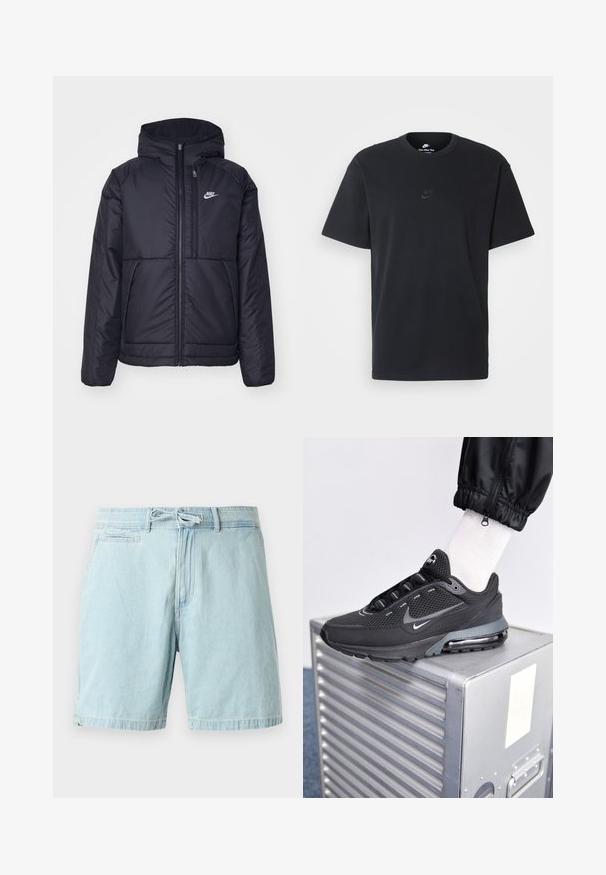 Czarna, pikowana kurtka Nike z przednim zamkiem błyskawicznym i kapturem. Posiada białe logo po lewej stronie klatki piersiowej oraz podwójne kieszenie z przodu. Gładka struktura zewnętrzna.; Czarny bawełniany t-shirt Nike z klasycznym okrągłym dekoltem, krótkimi rękawami oraz subtelnym, wytłoczonym logo na piersi. Gładka tekstura.; Jasnoniebieskie szorty dżinsowe z elastycznym pasem i detalem w postaci sznurka, z bocznymi kieszeniami i luźnym krojem. Gładka tekstura, swobodny design.; Nike Sportswear PULSE czarny