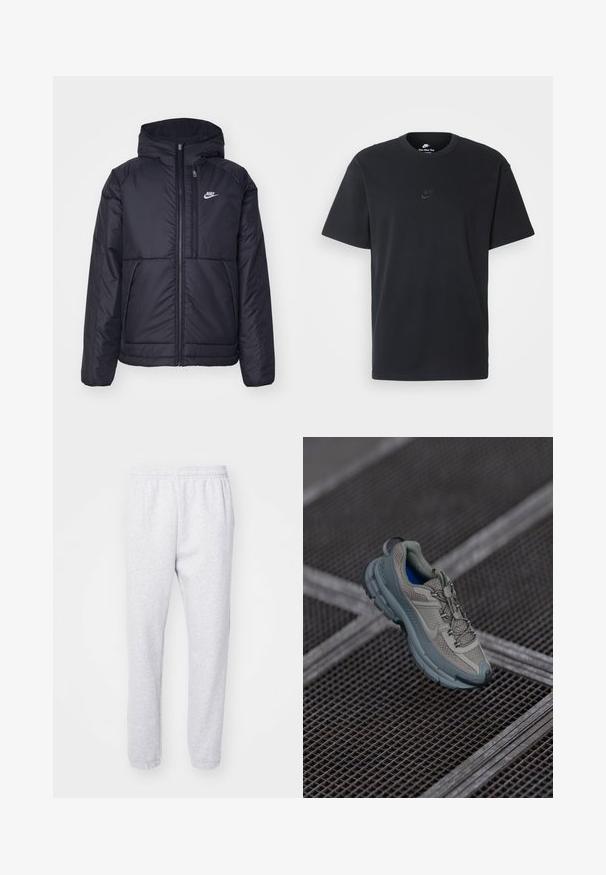 Črna, podložena Nike jakna z sprednjim zadrgo in kapuco. Ima bel logo na levem prsnem delu in dvojna sprednja žepa. Gladka zunanja tekstura.; Nike črna bombažna majica z klasičnim okroglim izrezom, kratkimi rokavi in subtilnim, vtisnjenim logotipom na prsih. Gladka tekstura.; Svetlo sivi trenirke narejene iz mešanice mehkega bombaža, z elastičnim pasom in prilegajočimi se manšetami pri gležnjih. Brez vidnih vzorcev ali logotipov.; Bež in siva športna čevlja z teksturiranim mrežastim zgornjim delom, okroglem nosu in gumijastim podplatom, opremljena z vezalkami in oblazinjenim ovratnikom.