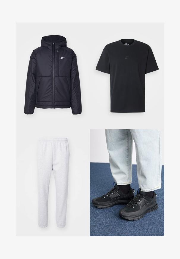 Melna, pufota Nike jaka ar priekšējo rāvējslēdzēju un kapuci. Iezīmēta ar baltu logotipu uz kreisās krūtis un divām priekšējām kabatām. Gluda ārējā tekstūra.; Nike melns kokvilnas T-krekls ar klasisku piegriezumu, īsām piedurknēm un smalku, reljefu logotipu uz krūškurvja. Gluda tekstūra.; Gaisā pelēkā krāsā izgatavotas sporta bikses no mīksta kokvilnas maisījuma, ar elastīgu jostasvietu un piegrieztiem aprociņām pie potītēm. Nav redzamu rakstu vai logo.; Melni sporta apavi ar strukturētu audumu un gumijas zoli, ar elastīgām auklām un zilu akcentu uz papēža. Nēsāti ar gaišām džinsu biksēm.