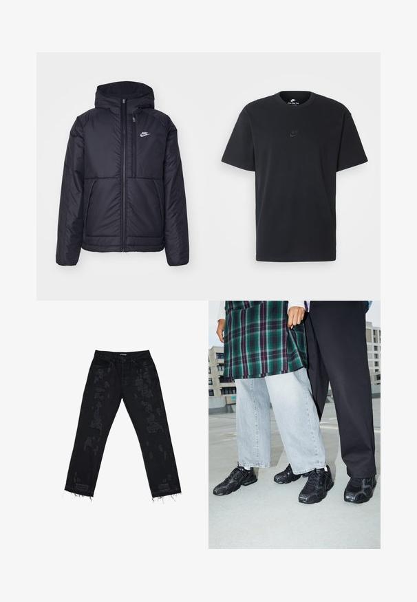 Juodas, paminkštintas Nike džemperis su priekyje užtrauktuku ir gobtuvu. Pasižymi balta logo kairėje krūtinės pusėje ir dviem priekinėmis kišenėmis. Su lygiu išoriniu paviršiumi.; Juodas medvilninis Nike marškinėliai su klasikinėmis apykaklėmis, trumpomis rankovėmis ir subtiliu, įspaustu logotipu ant krūtinės. Sklandus tekstūra.; Juodi džinsai su suplyšusiais pleistrais, laisvas kirpimas, pasiūtas kraštas ir standartinė penkių kišenių struktūra. Medžiaga atrodo tvirta ir tekstūruota.; Juodi sportiniai bateliai su tinklo ir gumos akcentais. Dėvimi su šviesiai pilkais plačiomis kojinėmis džinsais ir eglutės rašto žaliu marškinėliu. Lygus paviršius fone.