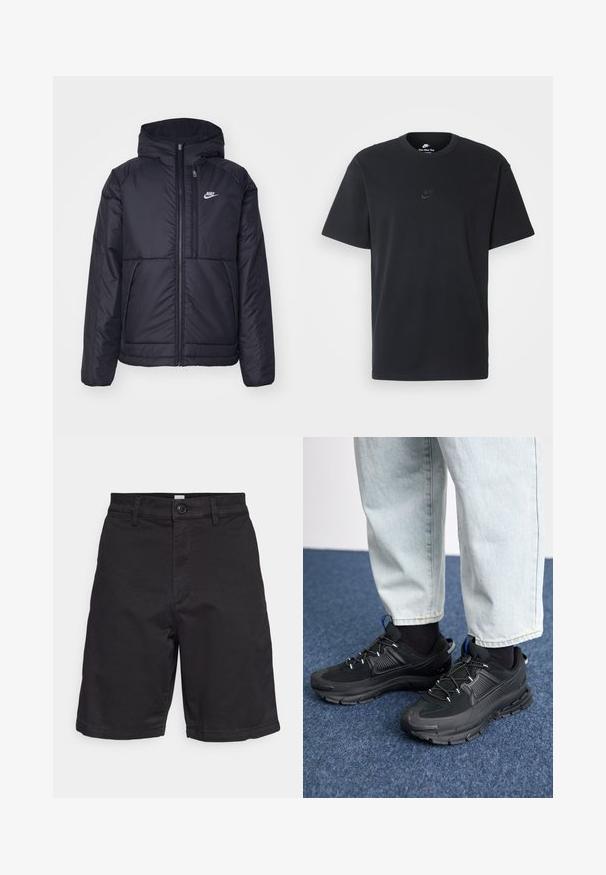 Black, padded Nike jacket with a front zipper and hood. Features a white logo on the left chest and dual front pockets. Smooth exterior texture.; Nike black cotton t-shirt with a classic crew neck, short sleeves, and a subtle, embossed logo on the chest. Smooth texture.; GAP ESSENTIAL SHORT - Shorts - true black; Black athletic shoes with textured fabric and rubber soles, featuring elastic laces and a blue accent on the heel. Worn with light denim pants.