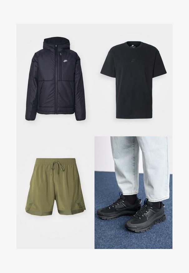 Casaco Nike preto, acolchoado, com fecho à frente e capuz. Apresenta um logo branco no lado esquerdo do peito e dois bolsos frontais. Textura exterior lisa.; T-shirt de algodão preto da Nike com um clássico decote redondo, mangas curtas e um logótipo em relevo discreto no peito. Textura suave.; Jordan M J DF SPRT WVN DMND - Calções desportivos - medium olive; Sapatilhas desportivas pretas com tecido texturizado e solas em borracha, apresentando atacadores elásticos e um detalhe azul no calcanhar. Usadas com calças de ganga claras.