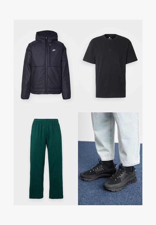 Chaqueta acolchada negra de Nike con cremallera frontal y capucha. Presenta un logo blanco en el lado izquierdo del pecho y dos bolsillos frontales. Textura exterior suave.; Camiseta negra de algodón de Nike con un clásico cuello redondo, mangas cortas y un sutil logo en relieve en el pecho. Textura suave.; Pantalones de forro polar verde oscuro con cintura elástica, piernas rectas y detalles de costura visibles en la parte delantera, mostrados sobre un fondo blanco.; Zapatillas deportivas negras con tejido texturizado y suelas de goma, con cordones elásticos y un acento azul en el talón. Combinadas con pantalones de mezclilla claros.