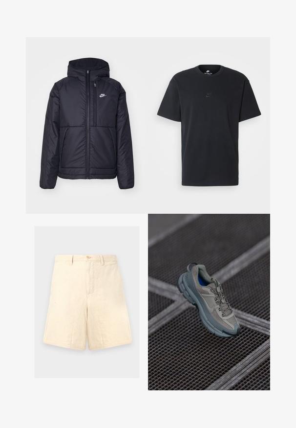 Juodas, paminkštintas Nike džemperis su priekyje užtrauktuku ir gobtuvu. Pasižymi balta logo kairėje krūtinės pusėje ir dviem priekinėmis kišenėmis. Su lygiu išoriniu paviršiumi.; Juodas medvilninis Nike marškinėliai su klasikinėmis apykaklėmis, trumpomis rankovėmis ir subtiliu, įspaustu logotipu ant krūtinės. Sklandus tekstūra.; Smėlio spalvos lino šortai su pritaikytu siluetu, turintys priekinį mygtuko uždarymą, dvi šonines kišenes ir subtilią tekstūrą.; Bežiniai ir pilki sportiniai bateliai su tekstūruotu tinkliniu viršumi, apvaliu pirštu ir guminiais padais, turi raištelius ir paminkštintą apykaklę.