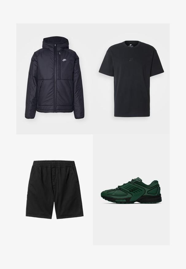 Veste Nike noire rembourrée avec une fermeture éclair sur le devant et une capuche. Elle présente un logo blanc sur la poitrine gauche et deux poches avant. Texture extérieure lisse.; T-shirt en coton noir Nike avec un col rond classique, des manches courtes et un logo embossé subtil sur la poitrine. Texture lisse.; Shorts noirs avec une taille élastique, des poches latérales et une coupe droite. Fabriqués à partir d'un tissu léger avec une texture lisse.; Chaussure de course Nike vert foncé avec des accents noirs, dessus en maille, lacets et semelle Air Nike sur toute la longueur sur un fond blanc.
