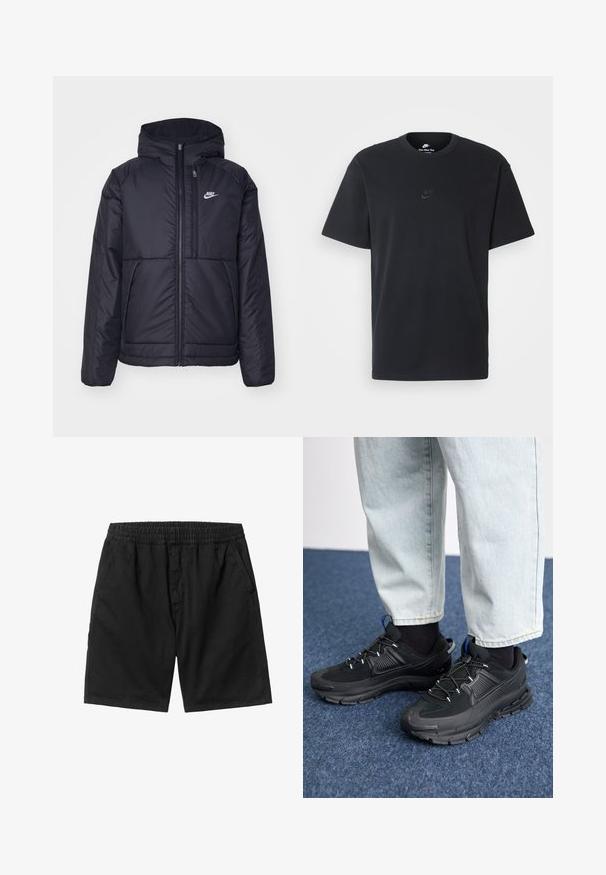 Black, padded Nike jacket with a front zipper and hood. Features a white logo on the left chest and dual front pockets. Smooth exterior texture.; Nike black cotton t-shirt with a classic crew neck, short sleeves, and a subtle, embossed logo on the chest. Smooth texture.; Black shorts with an elastic waistband, side pockets, and a straight cut. Made from a lightweight fabric with a smooth texture.; Black athletic shoes with textured fabric and rubber soles, featuring elastic laces and a blue accent on the heel. Worn with light denim pants.