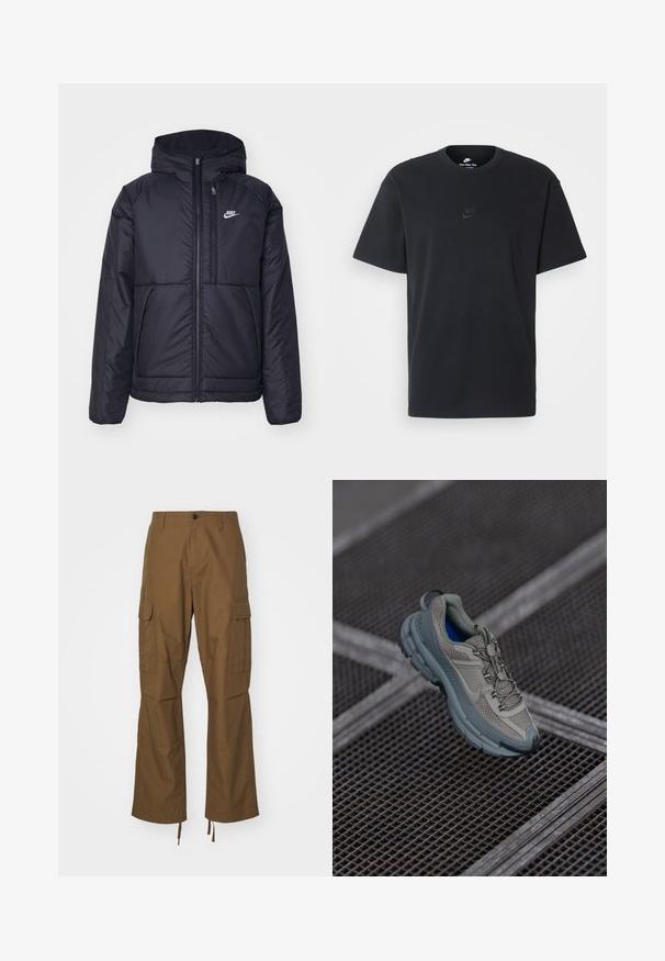 Black, padded Nike jacket with a front zipper and hood. Features a white logo on the left chest and dual front pockets. Smooth exterior texture.; Nike black cotton t-shirt with a classic crew neck, short sleeves, and a subtle, embossed logo on the chest. Smooth texture.; Brown cargo pants made of textured fabric, featuring a straight-leg design, side pockets, and adjustable hem ties.; Beige and gray athletic shoe with textured mesh upper, rounded toe, and rubber sole, featuring laces and a padded collar.