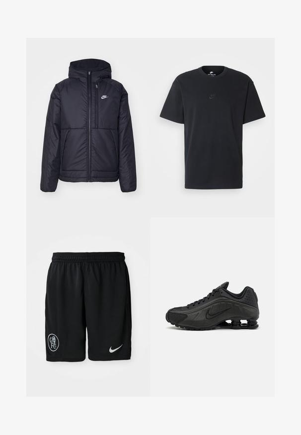 Casaco Nike preto, acolchoado, com fecho à frente e capuz. Apresenta um logo branco no lado esquerdo do peito e dois bolsos frontais. Textura exterior lisa.; T-shirt de algodão preto da Nike com um clássico decote redondo, mangas curtas e um logótipo em relevo discreto no peito. Textura suave.; Calções atléticos pretos feitos de tecido leve, com um cós elástico, fendas laterais, um logótipo branco da Nike e um emblema redondo da CFC.; Ténis de corrida pretos com um upper sintético suave, acentos perfurados, painéis laterais texturizados e uma sola distinta e elástica.