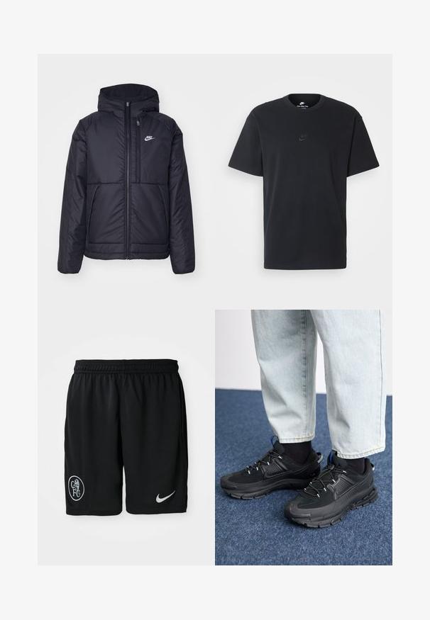 Veste Nike noire rembourrée avec une fermeture éclair sur le devant et une capuche. Elle présente un logo blanc sur la poitrine gauche et deux poches avant. Texture extérieure lisse.; T-shirt en coton noir Nike avec un col rond classique, des manches courtes et un logo embossé subtil sur la poitrine. Texture lisse.; Shorts de sport noirs en tissu léger, dotés d'une taille élastique, d'ouvertures sur les côtés, d'un logo Nike blanc et d'un emblème CFC rond.; Des chaussures de sport noires avec un tissu texturé et des semelles en caoutchouc, dotées de lacets élastiques et d'un accent bleu au talon. Portées avec un pantalon en denim clair.