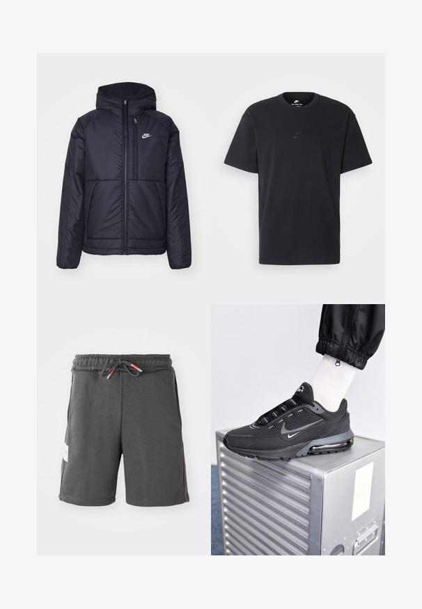 Schwarze, gepolsterte Nike-Jacke mit Frontreißverschluss und Kapuze. Hat ein weißes Logo auf der linken Brust und zwei Fronttaschen. Glattes äußeres Material.; Schwarzes Baumwoll-T-Shirt von Nike mit klassischem Rundhalsausschnitt, kurzen Ärmeln und einem dezenten, geprägten Logo auf der Brust. Glatte Textur.; Grau Sportshorts mit elastischem Bund und Kordelzug. Mit Seitentaschen und einem Stoffetikett an der linken Seite. Leichtes Material.; Nike Sportswear PULSE - Sneaker low - black/anthracite