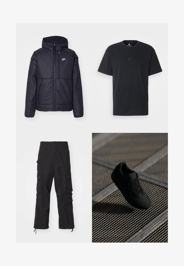 Black, padded Nike jacket with a front zipper and hood. Features a white logo on the left chest and dual front pockets. Smooth exterior texture.; Nike black cotton t-shirt with a classic crew neck, short sleeves, and a subtle, embossed logo on the chest. Smooth texture.; Carhartt WIP TRACKER PANT - Cargo trousers - black; Black sneaker with a smooth texture, round toe, lace-up front, and subtle branding. Displayed against a textured, industrial background.