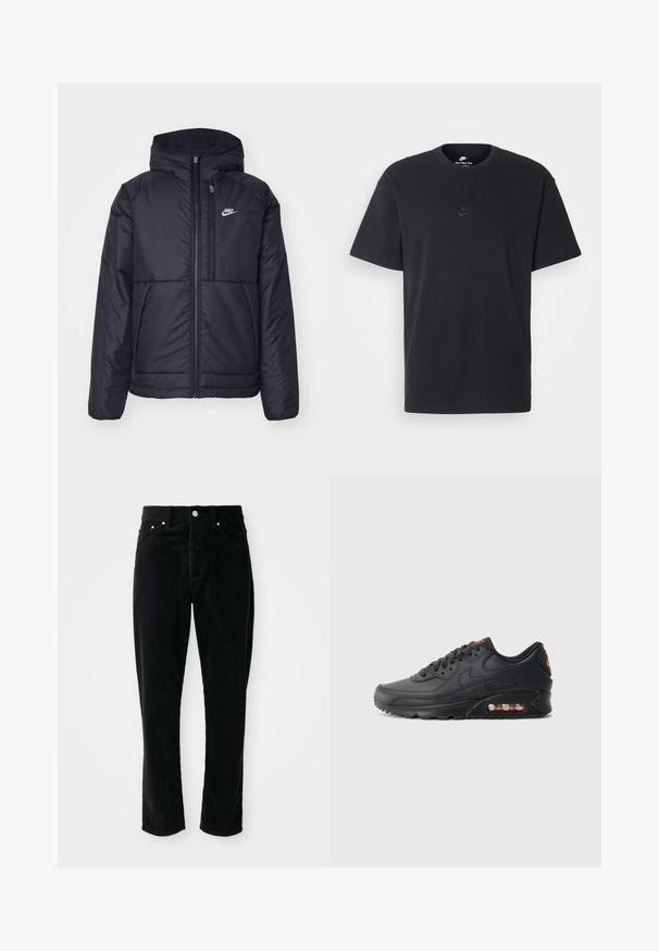 Veste Nike noire rembourrée avec une fermeture éclair sur le devant et une capuche. Elle présente un logo blanc sur la poitrine gauche et deux poches avant. Texture extérieure lisse.; T-shirt en coton noir Nike avec un col rond classique, des manches courtes et un logo embossé subtil sur la poitrine. Texture lisse.; Pantalon en velours côtelé noir à taille haute, jambe droite, cinq poches et accastillage en métal argenté, avec un motif texturé à côtes sur l'ensemble.; Baskets Nike Air Max 90 avec une tige synthétique noire, finition texturée, fermeture à lacets, unité air visible et logo orange en accent.